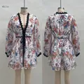 Front and back views of white floral long sleeve V-neck organza dress on a mannequin - S / Dresses / White