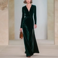 Elegant dark green velvet maxi dress featuring a V-neck, long sleeves, and a high side slit - S / Green