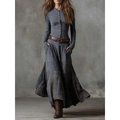 Vintage gray-blue long-sleeve maxi dress featuring patchwork plaid hem and waist belt - S / Slate Gray