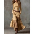 Vintage khaki long sleeve top and patchwork plaid maxi skirt with high waist belt - S / Yellow
