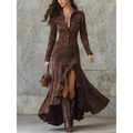 Elegante vestido de ante sintético marrón de manga larga con abertura y estilo retro - S / café