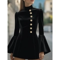 Slim fit black dress with stand collar, flare sleeves and golden embossed buttons - S / Black