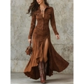 Vestido marrón de manga larga en ante sintético con cuello y botones de estilo vintage - S / Marrón Amarillento