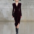 Elegant deep wine red velvet V-neck long sleeve dress with lace trim and side slit - S / Dark Red