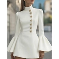 Elegant white mini blazer dress with stand collar and flared bell sleeves and gold buttons - S / White