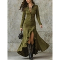 Conjunto verde oliva de dos piezas con camisa y falda larga asimétrica con volantes y abertura - S / Verde