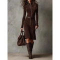 Elegantes dunkelbraunes Wildleder-Midikleid mit Reißverschluss und Taillengürtel - Dunkelbraun / S