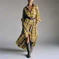 Retro yellow plaid long sleeve shirt dress with vintage waist belt and irregular hem - S / Yellow