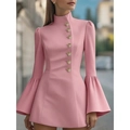 Pink slim fit blazer dress with flared sleeves and gold buttons for women - S / Pink