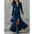 Elegante vestido camisero de manga larga azul oscuro con cuello solapa y bajo de volantes - S / Azul