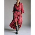 Vintage red plaid long sleeve shirt dress with a retro belt and asymmetrical hem - S / Red