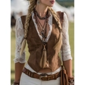Women's western vintage brown suede vest with elegant white lace stitching and boho accessories - M / Tan