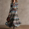 Bohemian maxi dress with ethnic print, long sleeves, and brown belt accessory - S / Mixed Print