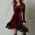 Elegant burgundy velvet long sleeve dress with black lace trim and ruffled hem for women - S / Burgundy