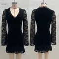 Detail of elegant black V-neck dress featuring delicate rose pattern lace sleeves and trim - S / Dresses / Black