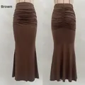 Detail view of brown high waist fishtail skirt with ruching and side pleated texture - S / Bottoms / Brown