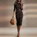 Dettagli del vestito scozzese sfiancato con elegante scollo a barchetta e cintura - Taglia S / Rosso