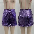 Detailed front and back views of a purple sequin mini skirt for party wear - S / Bottoms / Purple