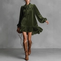Elegante olijfgroene fluwelen mini-jurk met lantaarnmouwen en een strik bij de nek - S / Groen