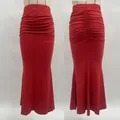 Detail view of red high waist mermaid skirt with elastic pleats and ruffled fishtail hem - S / Bottoms / Red