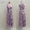 Détail recto-verso d'une robe longue sans manches violette à imprimé tulipes et col V - S / Robes / Mauve Clair