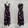Vue avant et arrière de la robe longue fleurie à col en V sans manches avec roses - S / Robes / Noir