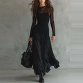 Elegante zwarte maxi-jurk met lange mouwen, mesh patchwork en transparante halslijn detail - S / Zwart