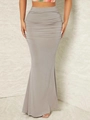 Detail view of high waisted grey ruched maxi skirt with slim fit fishtail hemline - S / Gray