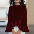Haut à manches longues en velours bordeaux avec ourlet à volants et coupe ample pour femme - S / Bordeaux
