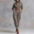 Damen Safari-Langarm-Jumpsuit in Neutralgrau mit Brusttaschen und Cargo-Stil - XS / Grau