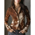 Giacca da donna con stampa mucca marrone e bianca e bottoni vintage in taglio slim - S / Giacca Retro Stampa Muccata Collo alla Coreana (A1628) / Marrone Scuro