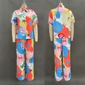 Zweiteiliges Damen-Freizeitset mit buntem abstraktem Pop-Art-Print und gerader Hose - S / Regenbogen