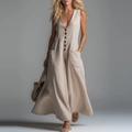 Chic oat-colored deep V-neck sleeveless jumpsuit with front buttons and large pockets - S / Apricot