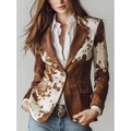 Giacca da donna con stampa mucca marrone e bianca, bottone singolo e revers classici - S / Blazer Monobottone con Stampa Muccata (A1628) / Stampa Muccata Marrone Bianco