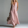 Pink V-neck sleeveless jumpsuit with decorative buttons and large patch pockets - S / Pink