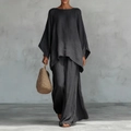 Detail of dark grey oversized loose casual shirt and wide-leg trousers set in linen texture - S / Top And Bottom / Black