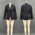 Detailed front and back view of a slim fit double-breasted blazer with gold buttons - S / Tops / Black