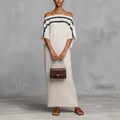 Elegant white off-shoulder maxi dress with black stripes and loose batwing sleeves for summer - S / White