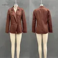 Detail of coffee brown double-breasted blazer with gold buttons and peak lapels - S / Tops / Coffee