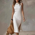 Vestido midi blanco sin mangas de punto con abertura lateral alta y fibra natural - S / Blanco