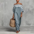 Elegant off-the-shoulder loose maxi dress in gray blue with white stripes for summer vacations - S / Aqua