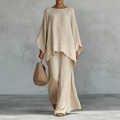 Detailed texture of beige linen blend loose-fit top and wide-leg trousers set - S / Top And Bottom / Apricot