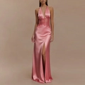 Rosa Satin Halter Maxi-Kleid mit tiefem V-Ausschnitt, Spitzentaille und hohem Schlitz - S / Rosa
