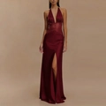 Elegante abito lungo in raso rosso vino con scollo a V, pizzo e spacco alto - Taglia S / Rosso scuro