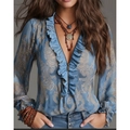 Blaue Boho-Chiffonbluse mit V-Ausschnitt, goldenem Paisley-Print und Rüschen-Reißverschluss - S / Himmelblau