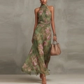 Detail showing elegant floral print mesh fabric and waist pleats on backless maxi dress - XS / Top And Bottom / Green