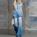 Women's two-piece set featuring blue leopard print sleeveless shirt and wide-leg trousers - S / Blue