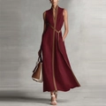 Elegante abito lungo senza maniche bordeaux con scollo a V e bordo marrone a contrasto - Borgogna