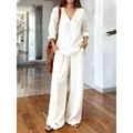 Completo beige con top scollo a V e pantaloni a gamba larga in cotone e lino naturale - S / Bianco