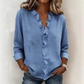 Close-up of light blue blouse featuring elegant ruffles and a classic V-neckline - Aqua